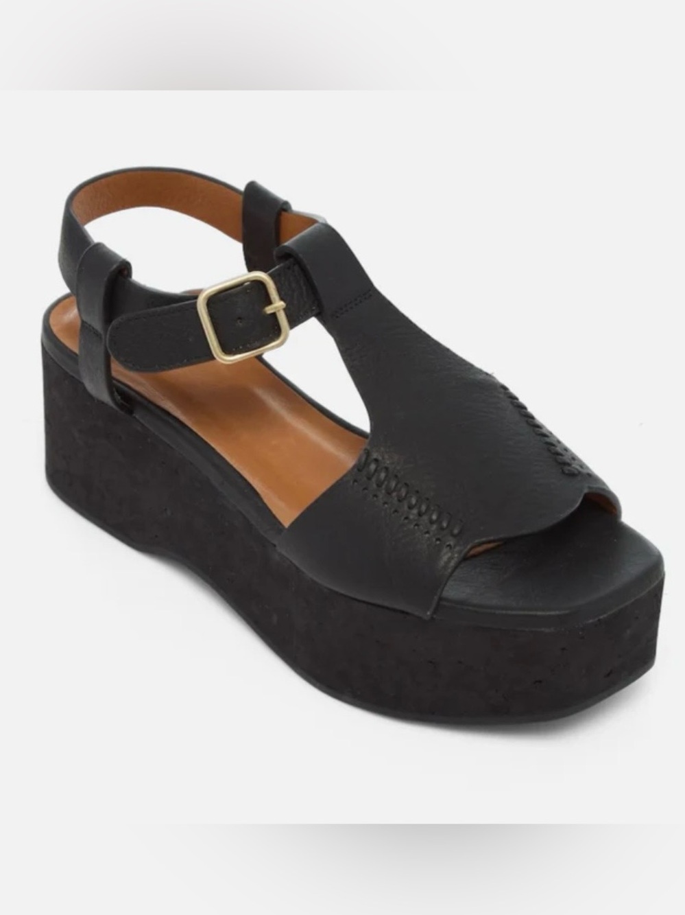 COCLICO Black Leather Platform T-Strap Sandal with Gold Buckle